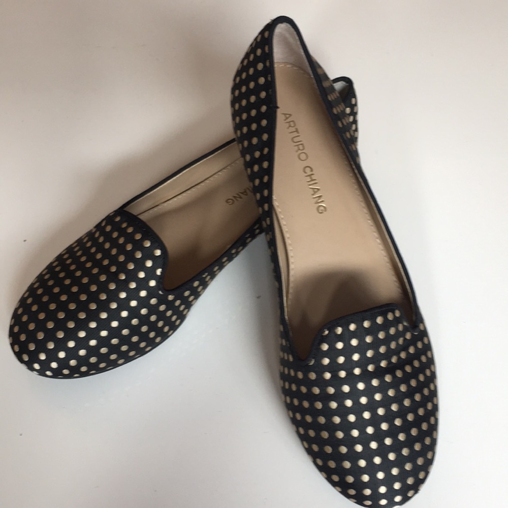 Black and gold polka dot loafers